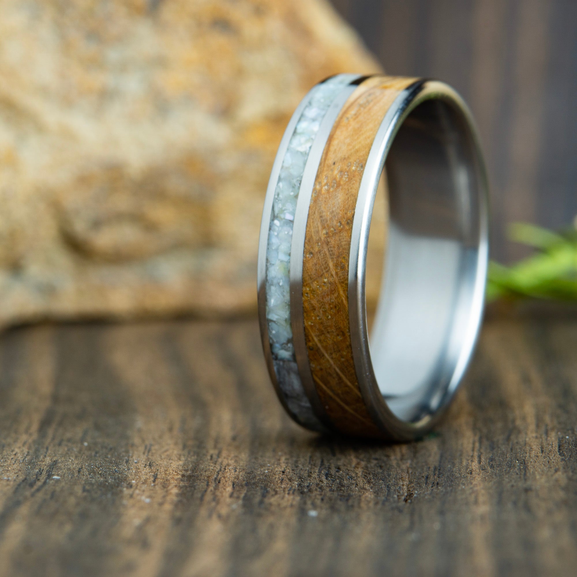 whiskey barrel wood ring with mother of pearl and titanium