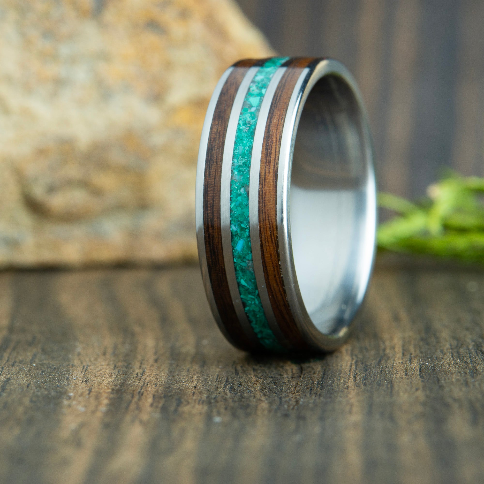 Titanium with Malachite Stone and Rosewood Inlays Wedding Ring