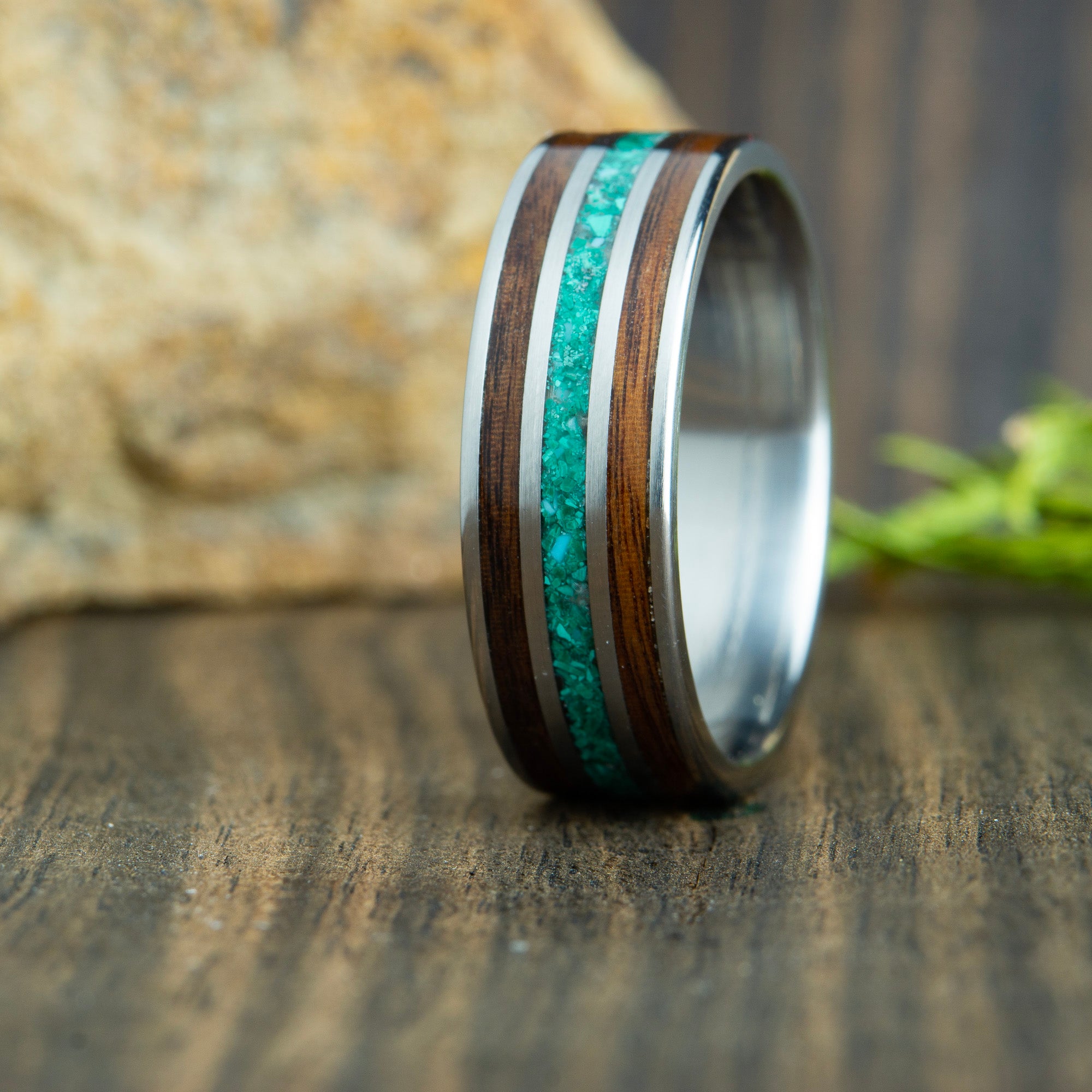 titanium w/ malachite stone and rosewood wedding ring