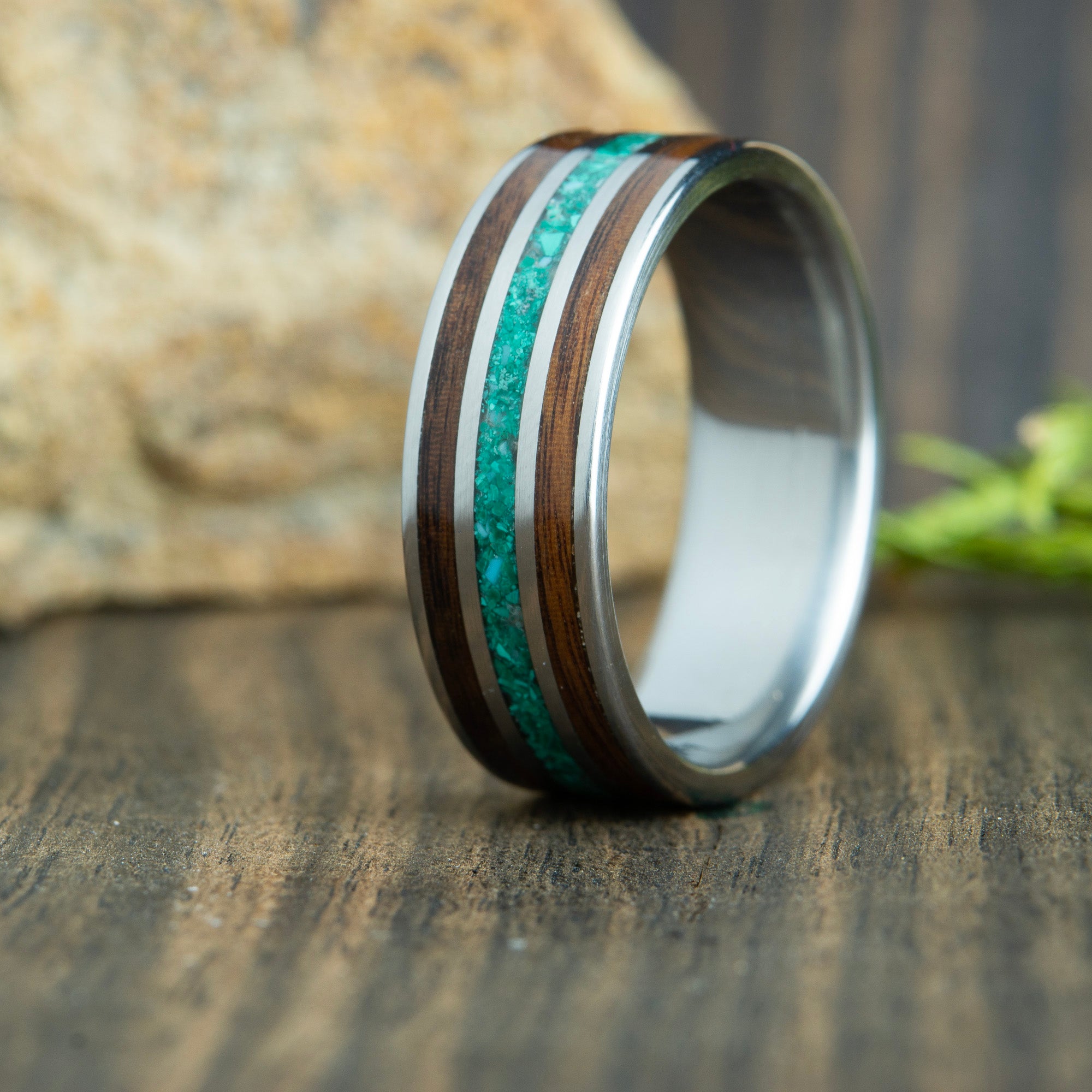 Titanium with Malachite Stone and Rosewood Inlays Wedding Ring