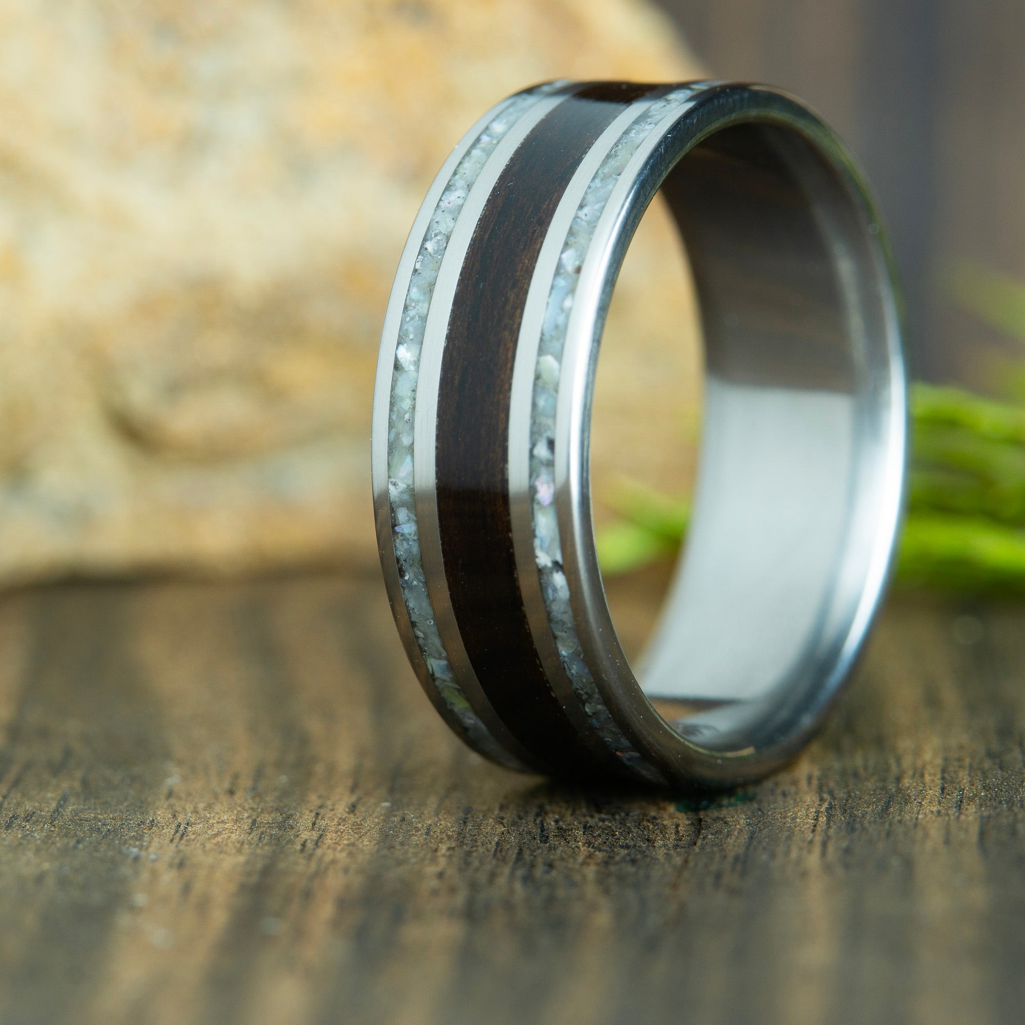 Ebony wood wedding band with twin pearl inlays