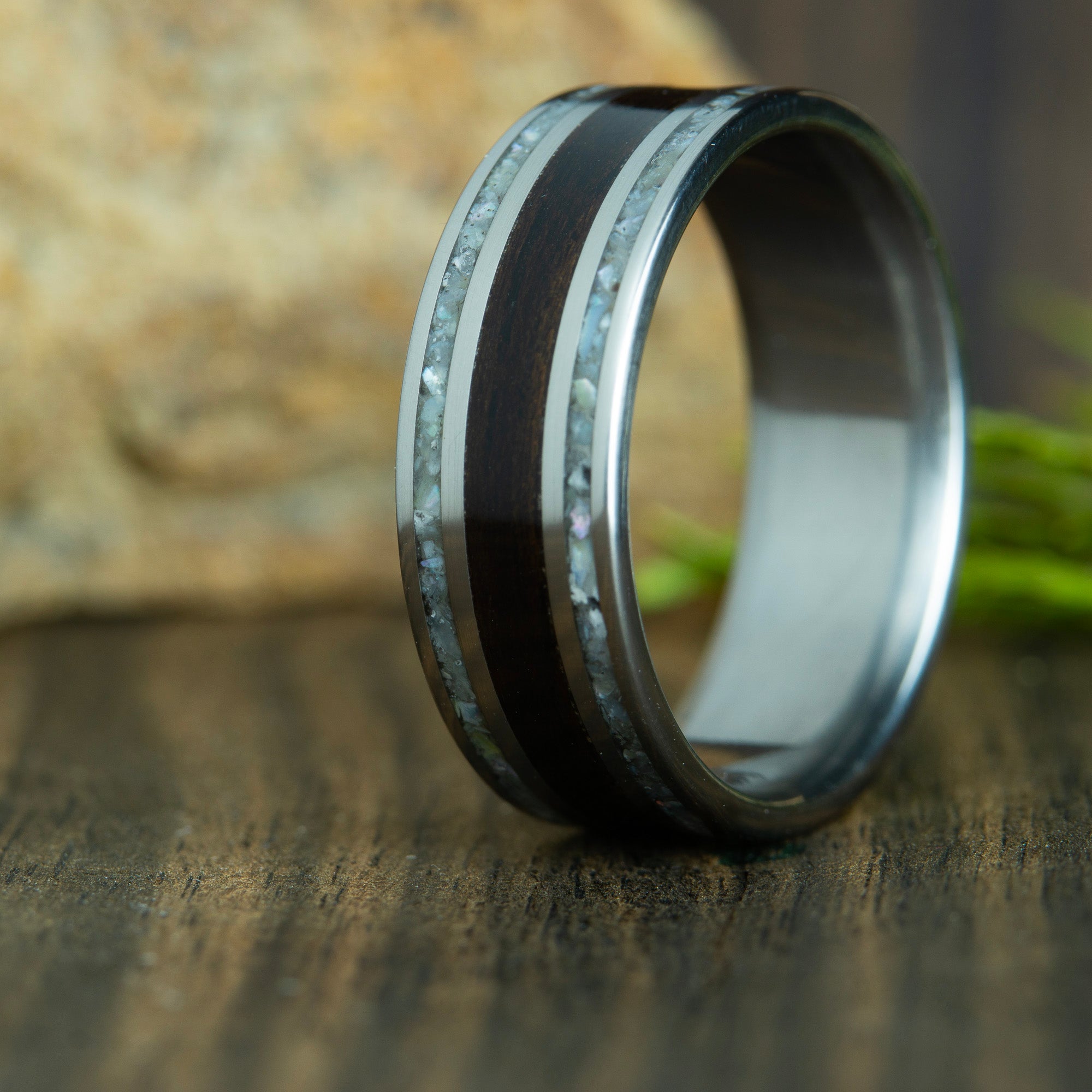 wood ring with ebony, mother of pearl and titanium