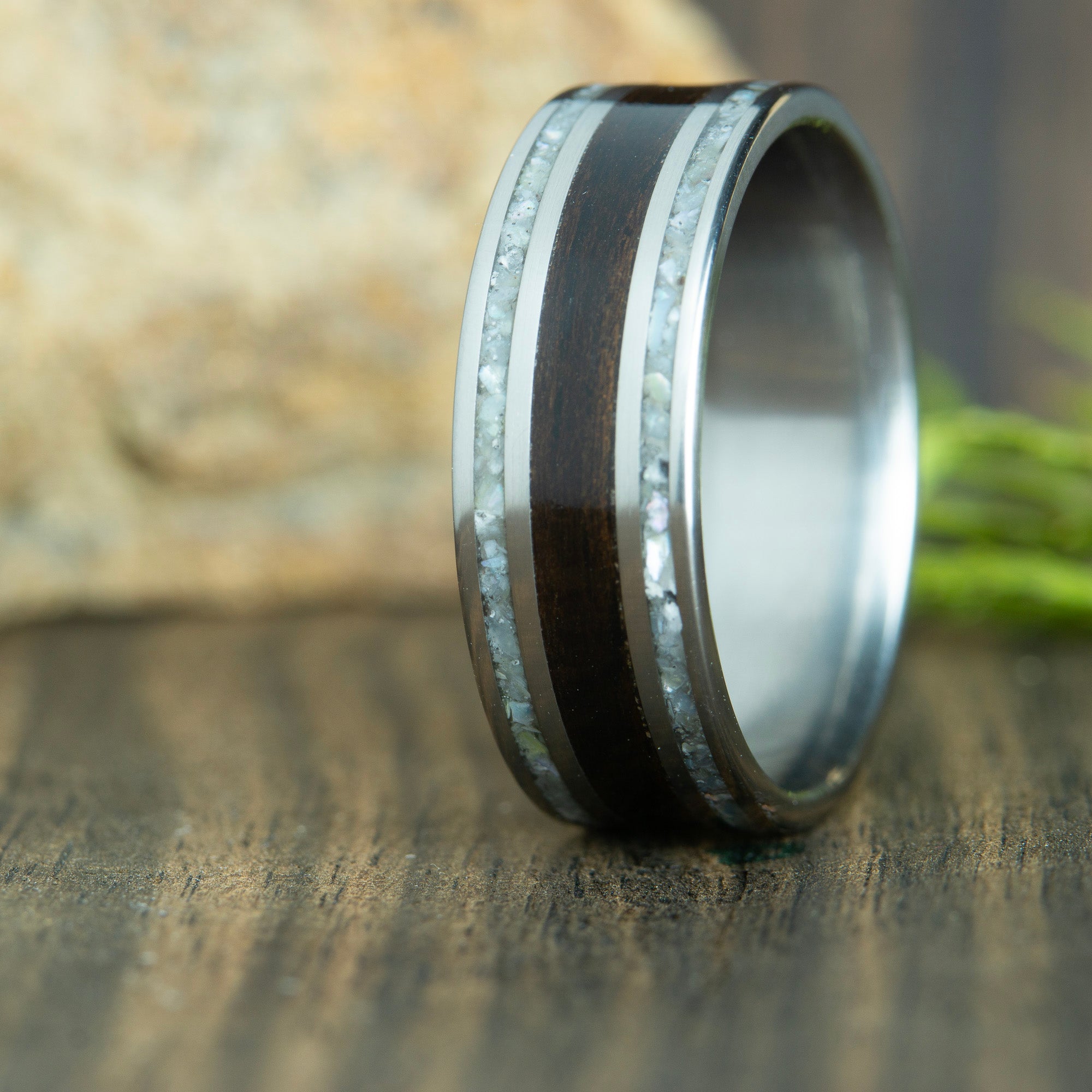 ebony wood ring with mother of pearl inlay and titanium