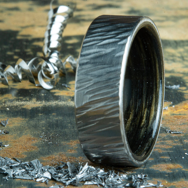 hammered titanium and whiskey barrel wood ring