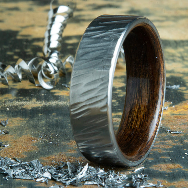 Titanium ring with Hammered texture and rosewood