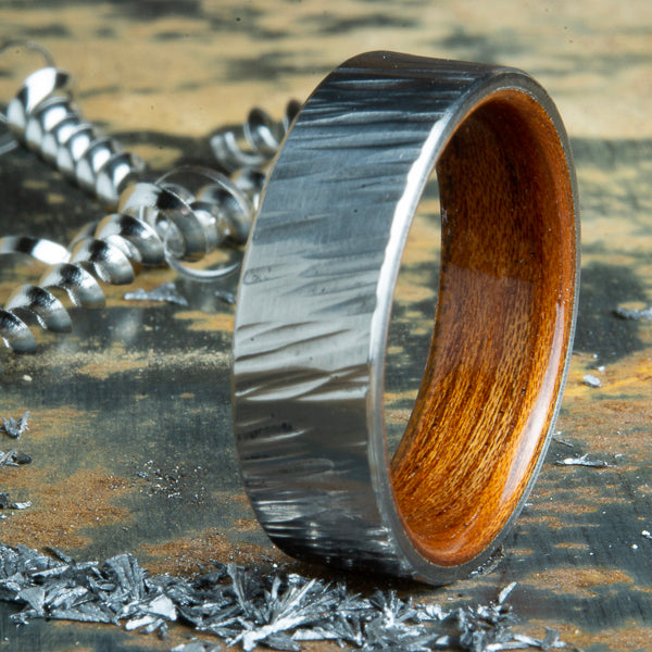Acacia wood and hammered titanium ring