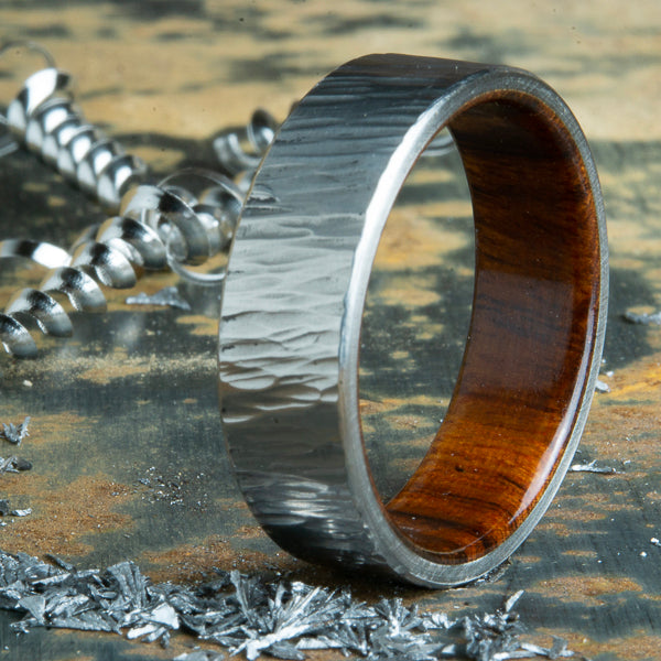 hammered titanium and ironwood ring, mens hammered ring