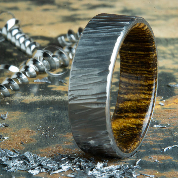 bocote wood lined hammered titanium ring