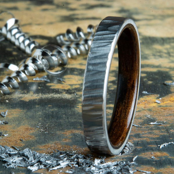 Ebony wood and hammered titanium wedding ring