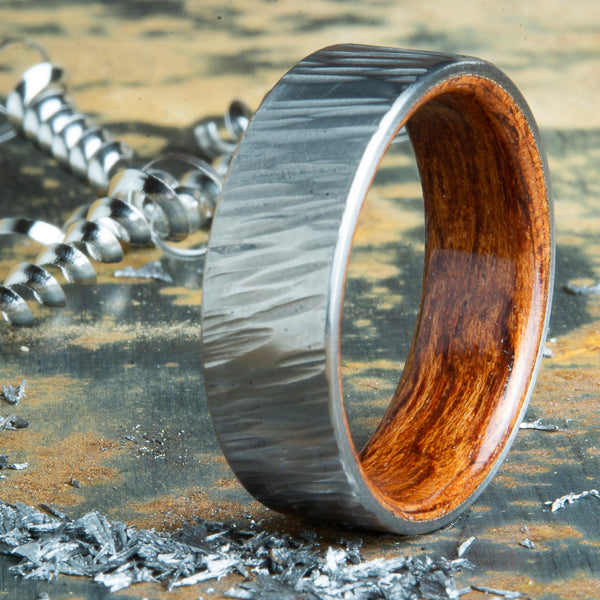 Bubinga wood and Hammered Titanium wedding band