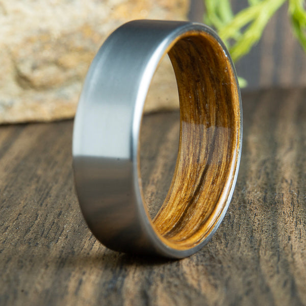 Whiskey barrel titanium wood ring