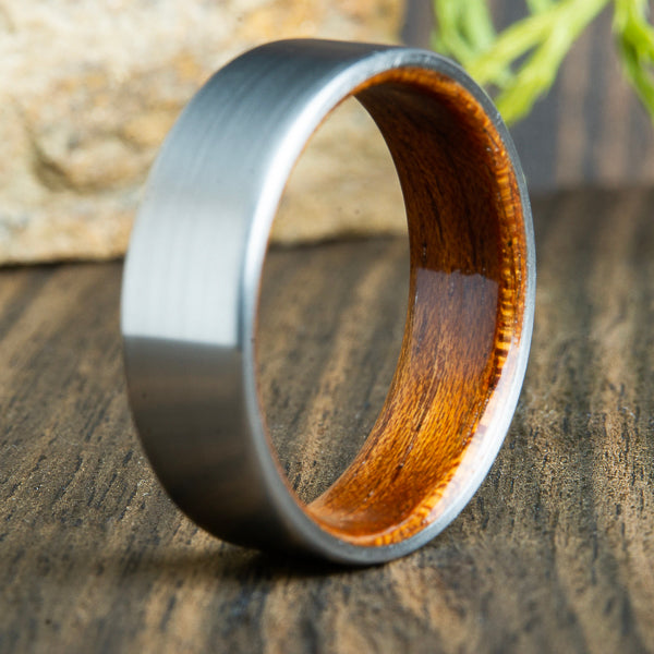 Acacia wood and titanium wedding ring