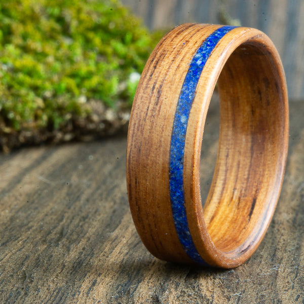 Koa wood ring with lapis lazuli stone inlay