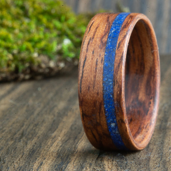 bubinga wood ring with lapis stone inlay