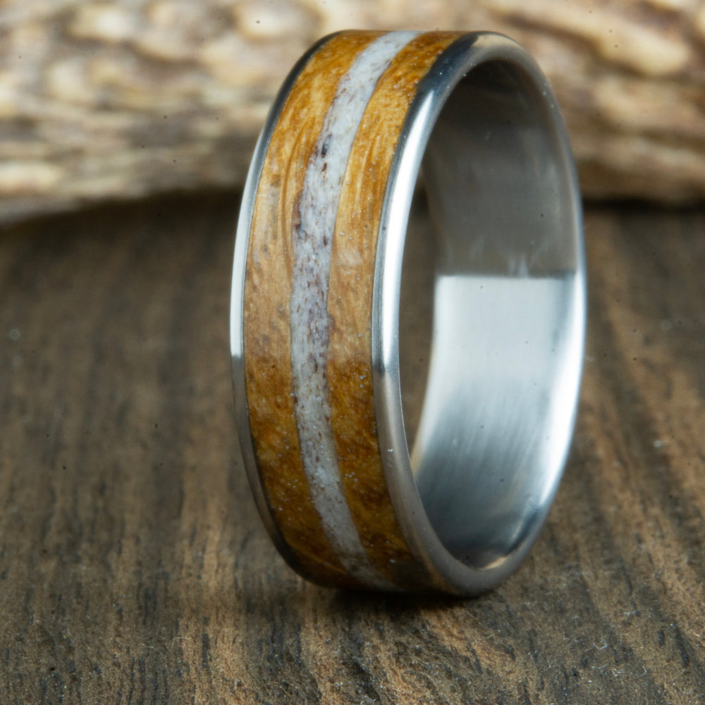 Titanium with Bourbon barrel wood and Antler ring