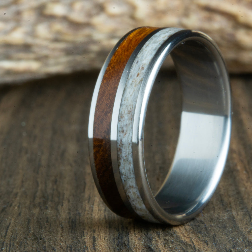 titanium and antler ring with wood inlay