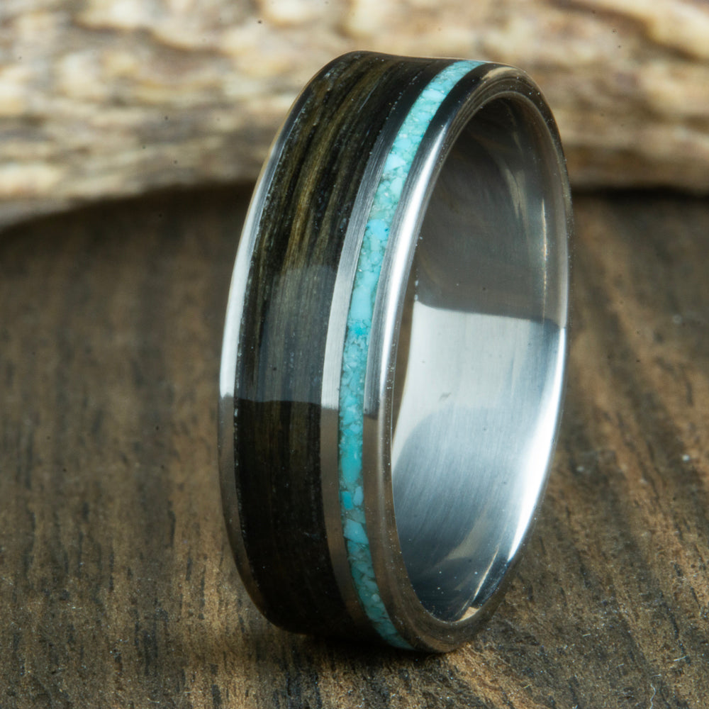 aged whiskey barrel wood and turquoise ring