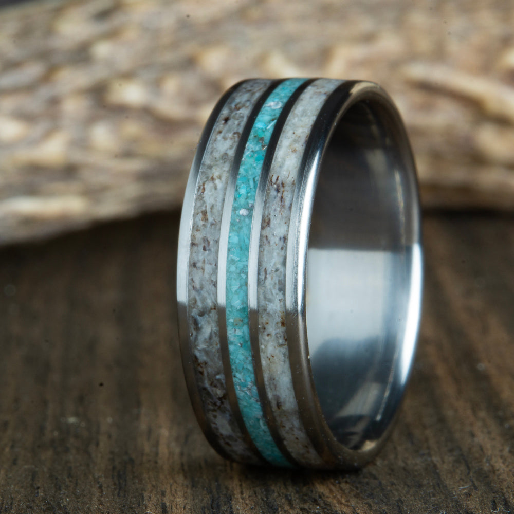 Titanium ring with double Antler inlay and turquoise
