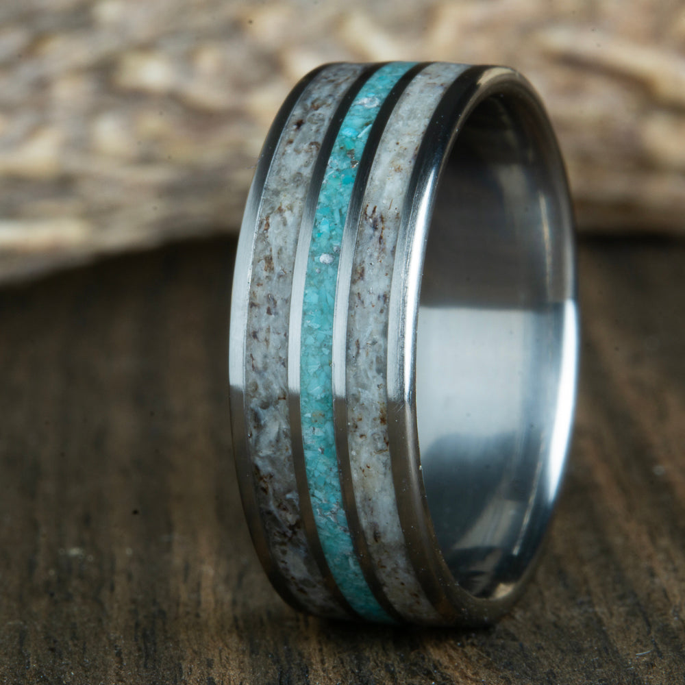 Antler ring double inlay with turquoise