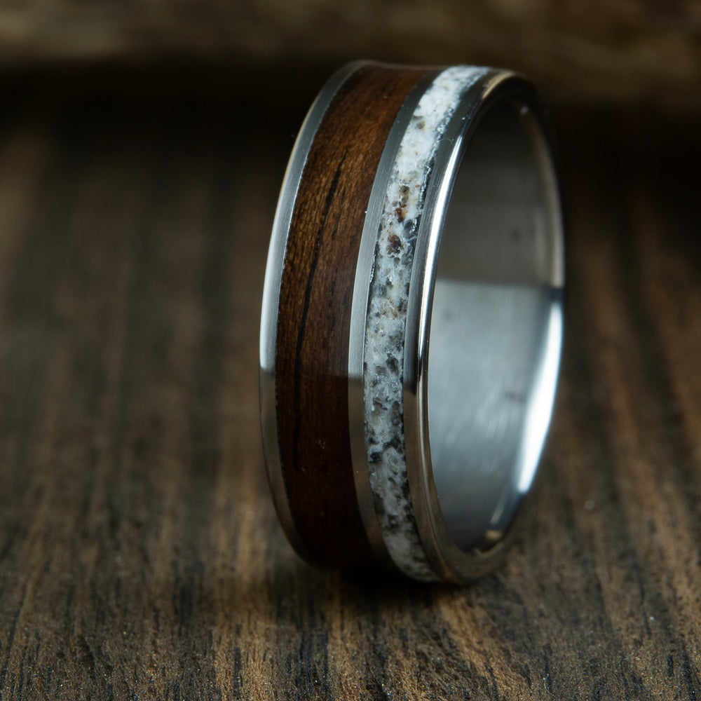 Titanium ring with antler and ebony wood