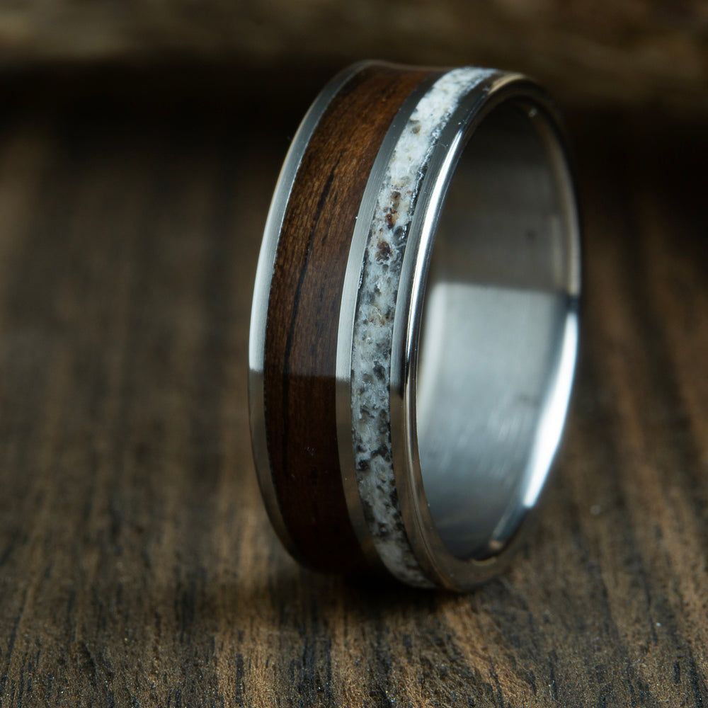 Titanium ring with antler and ebony wood