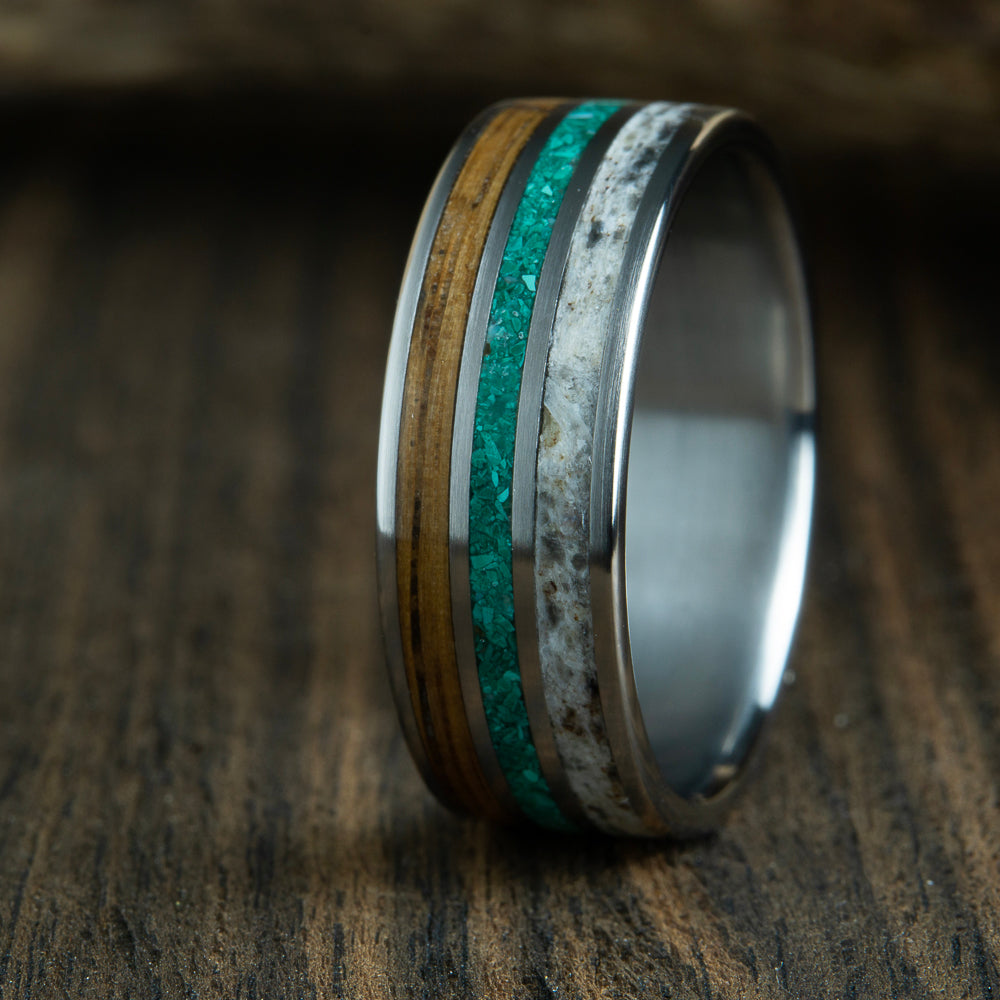 Antler ring with malachite and Whiskey barrel wood