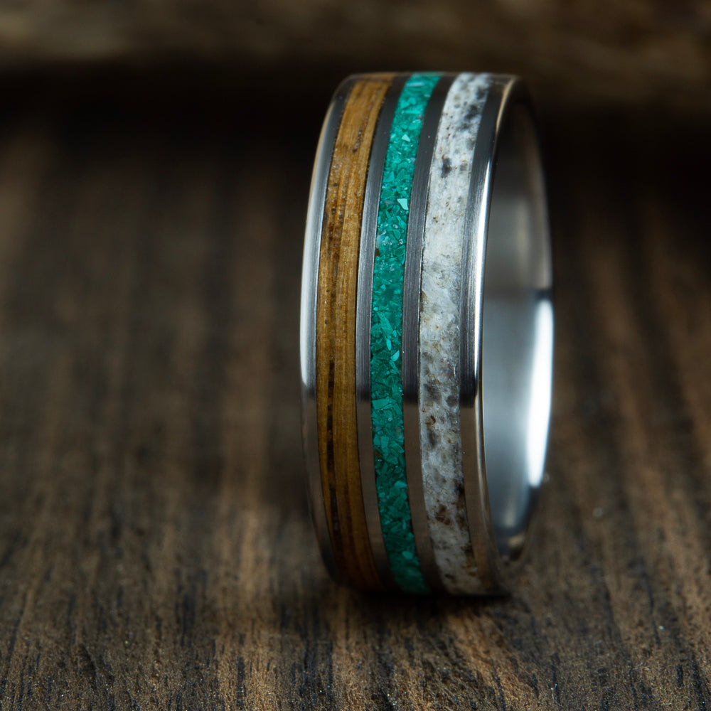 Antler ring with malachite and Whiskey barrel wood