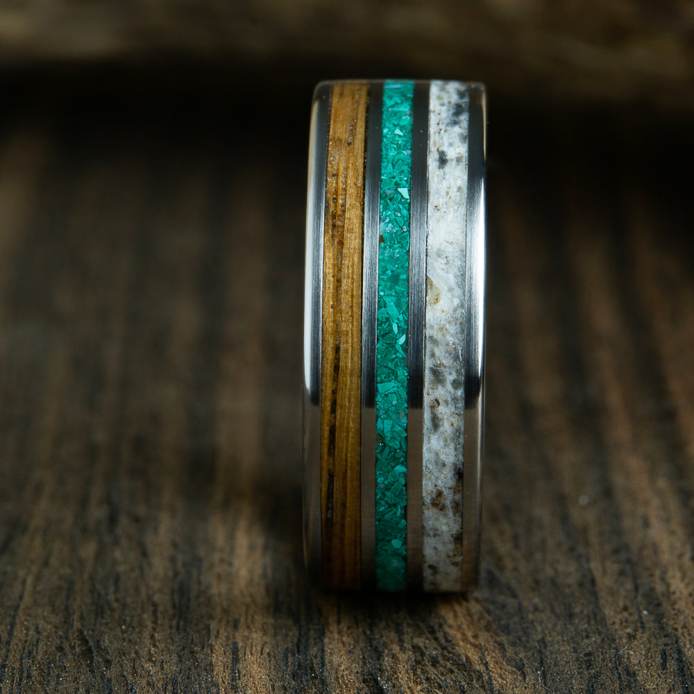 Antler ring with malachite and Whiskey barrel wood