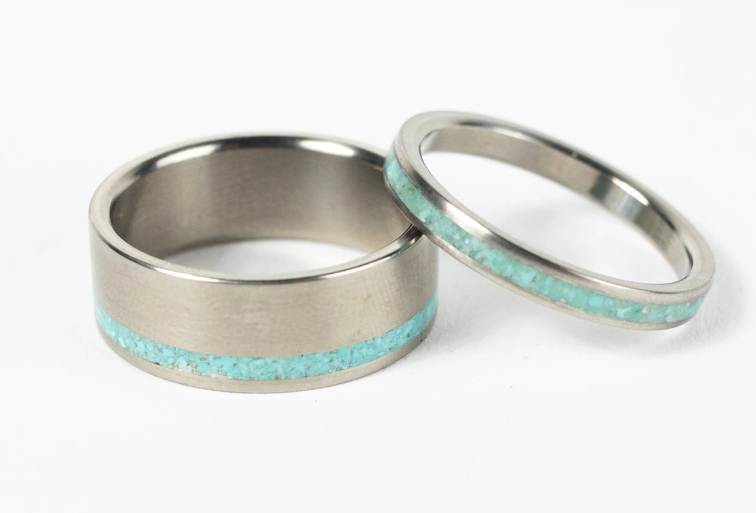 Turquoise his and hers matching wedding rings – Peacefield Titanium