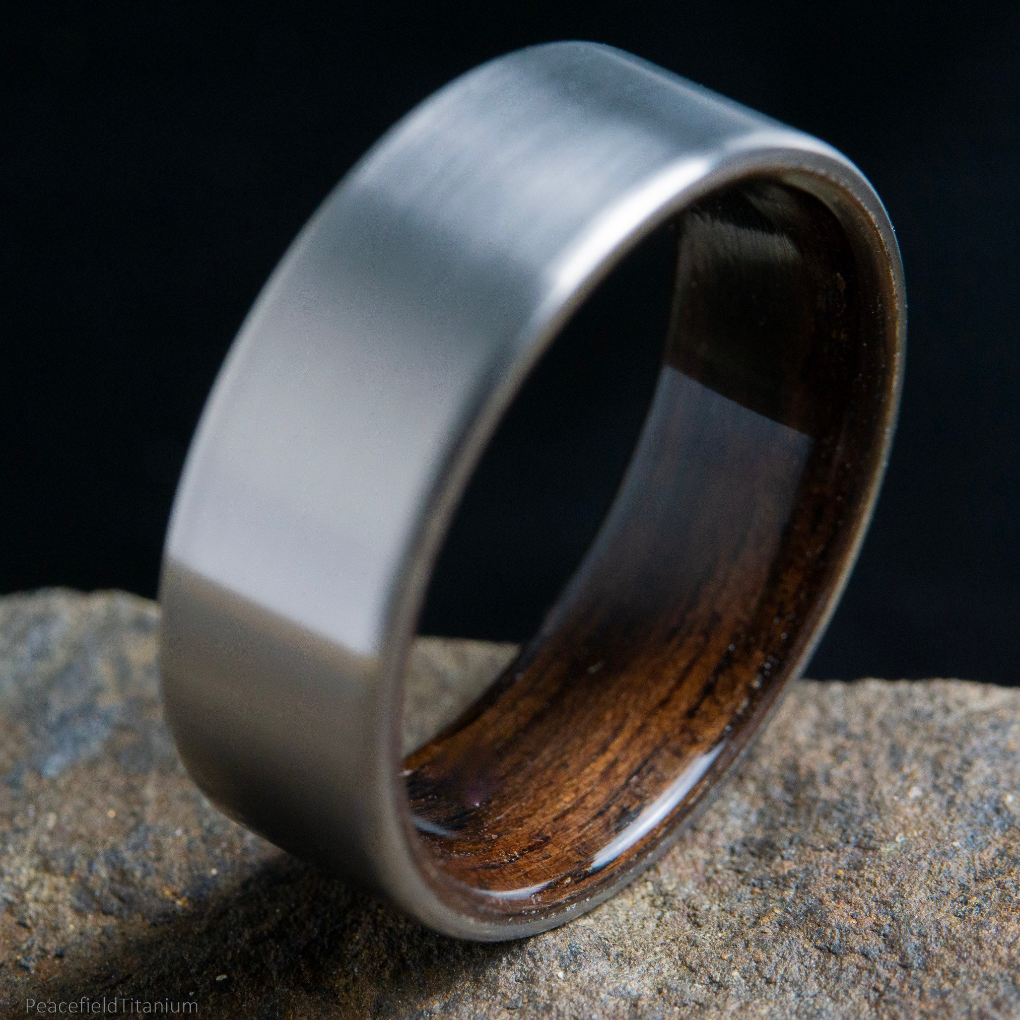 Men's dark wood lined titanium wedding band, Ebony wood wedding ring